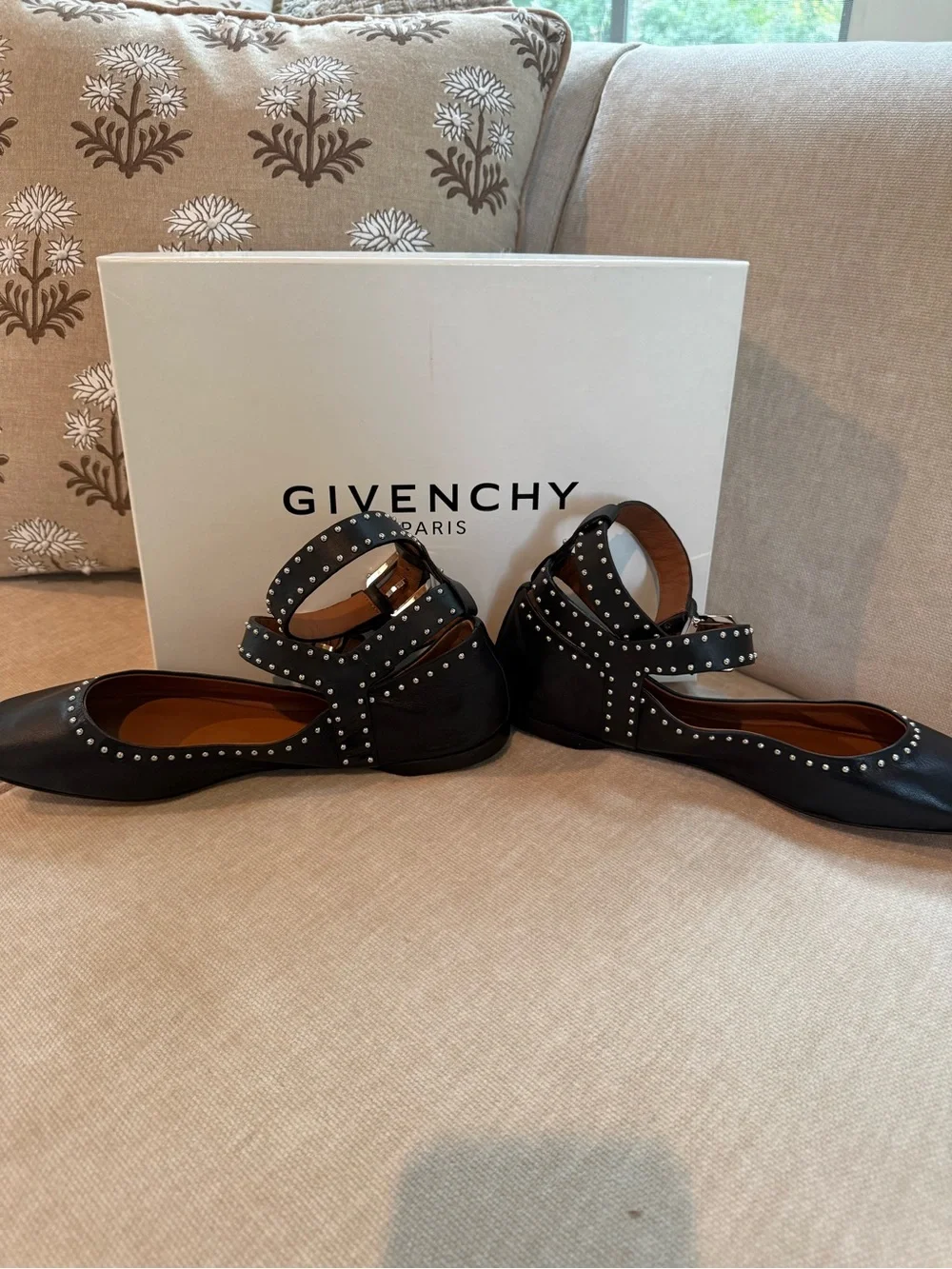 Givenchy Black Studded Leather Strappy Square-Toe Flats